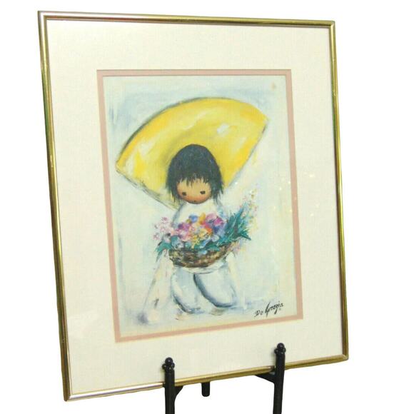 VTG Ted DeGrazia FRAMED Indian FLOWER BOY GIRL ART PRINT Yellow Hat 14x17" EUC